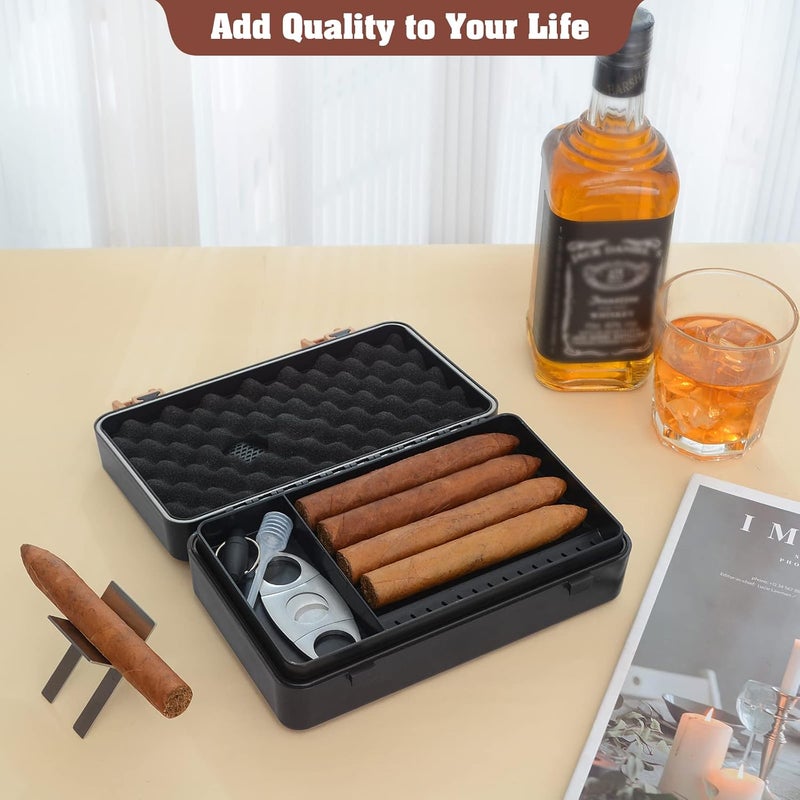 PLAYWITH Travel Cigar Humidor Box Case Double layer design with Cigar Accessories Hygrometer&Spanish Cedar &Humidifier &Cigar Cutter & Stand &Cigar Punch CutterHold 8-10 Count - Waterproof Case, Crushproof, Airtight Seal Portable Separate storage space for accessories - Image 5